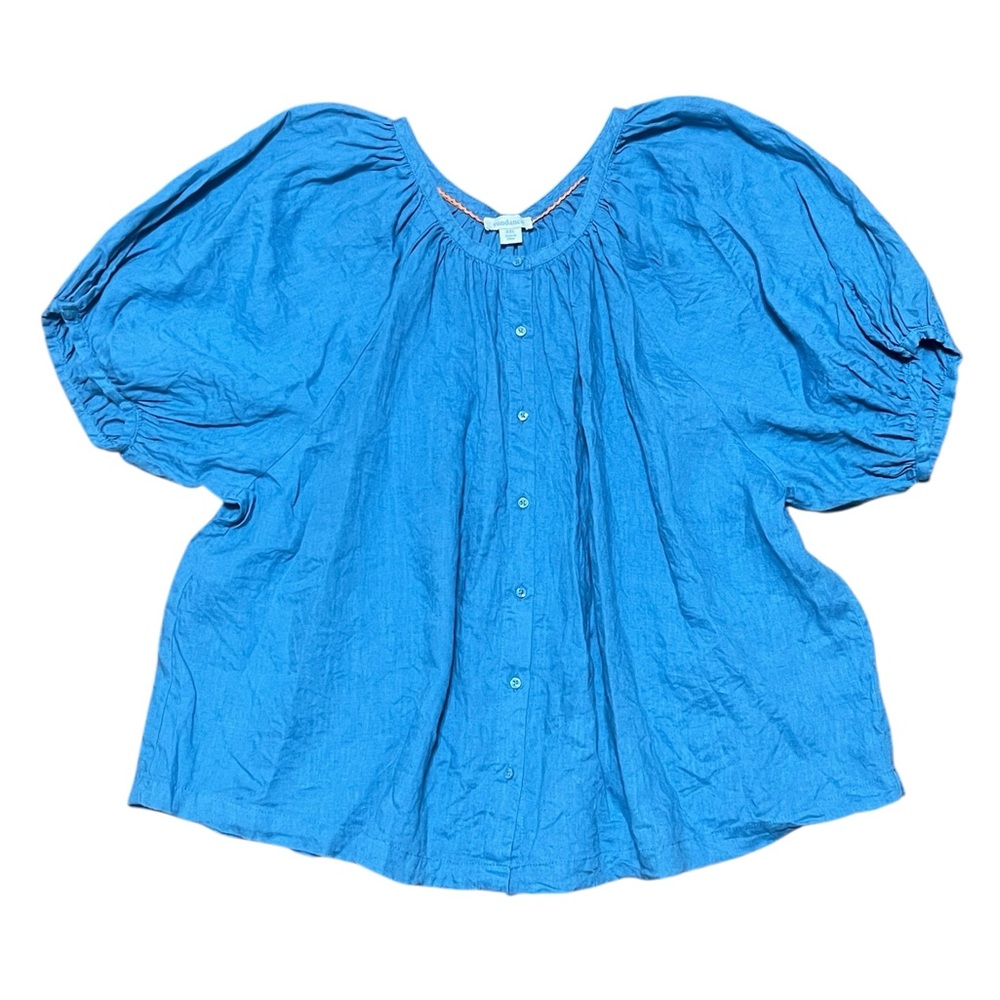 Sundance Blue 100% Linen Bubble Sleeve Button Up Blouse Shirt
